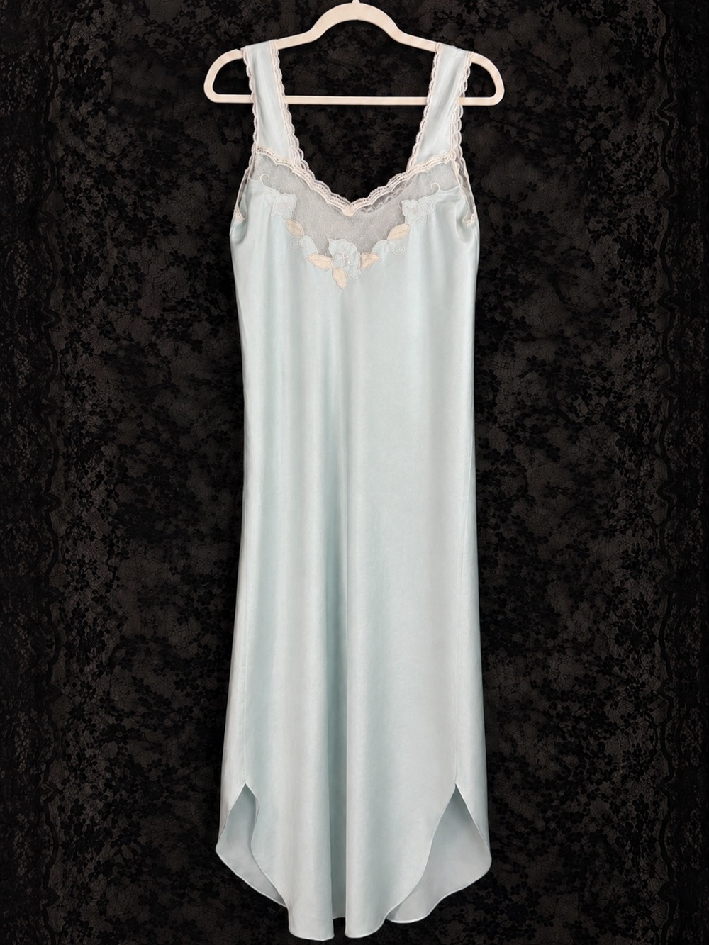Barbizon 1970s Style Blue Satin Nightgown Small Lace Floral Appliqué Maxi